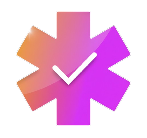 Pink and orange medical cross with a white checkmark