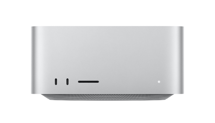 Silver Mac Studio desktop computer, front view