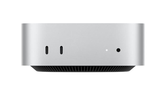 Silver Mac Studio with two USB-C ports, power light, audio