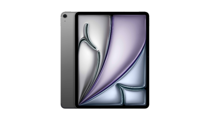 Gray tablet with abstract purple and silver screen