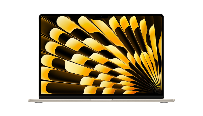 Gold laptop with a screen displaying a gold and black pattern...